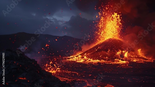 A volcano violently erupts, spewing hot lava high into the air. The molten rock cascades down the mountainside, creating a dangerous and spectacular display of natures power.
