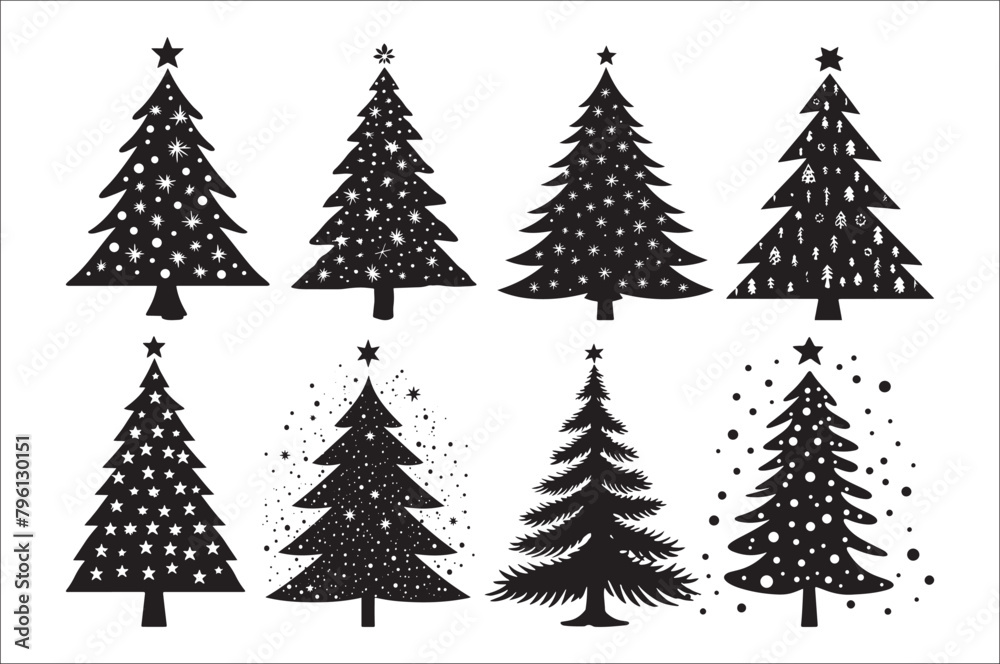 Obraz premium A black and white silhouettes of christmas trees with a decoration.