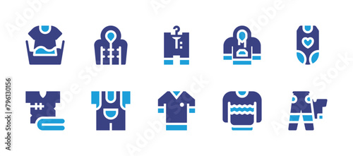 Clothing icon set. Duotone color. Vector illustration. Containing hand washing, bodysuit, outfit, clothe, baby clothes, clothes, winter clothes, clothing, sweater, hoodie.