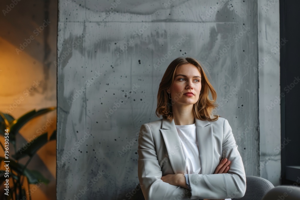 In front of the clear cement background, the designer style business portrait exudes the expertise and confidence of the business woman in the modern workplace