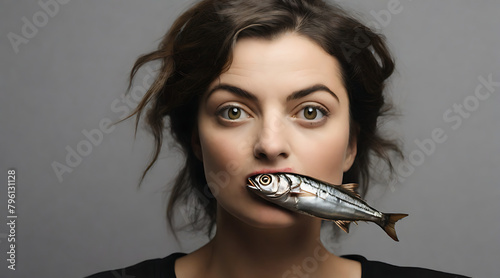 A closeup Bizarre portrait of a woman holding a sardine fish between lips in her mouth, with copyspace and isolated plain background, raw fish