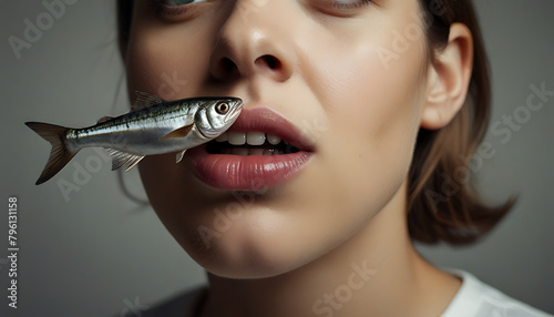 A closeup Bizarre portrait of a woman holding a sardine fish between lips in her mouth, with copyspace and isolated plain background, eating