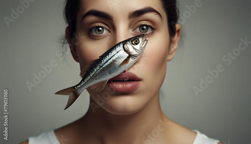 A closeup Bizarre portrait of a woman holding a sardine fish between lips in her mouth, with copyspace and isolated plain background, fish on face