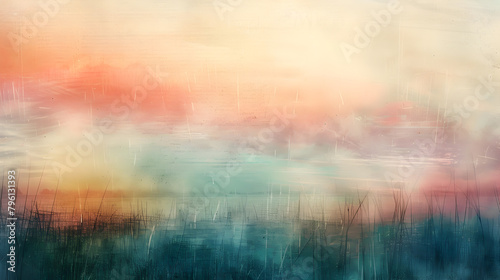 A painting of a sunset with a blue sky and a body of water. The sky is filled with a variety of colors, including pink, orange, and yellow. The water appears to be calm and peaceful