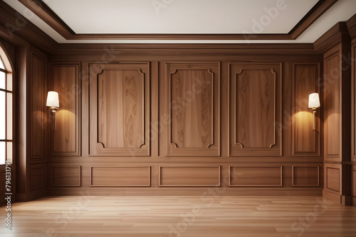 Premium style, an empty room with wooden boiserie on the wall featuring walnut wood panels. Wooden wall of an old-styled room design.