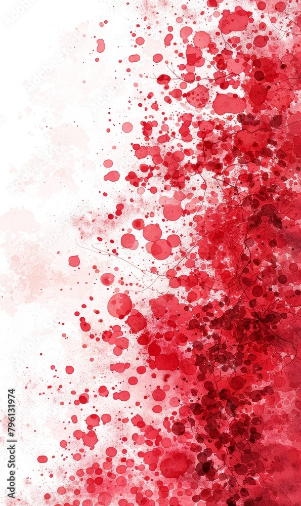 Red paint splatters on a white textured backdrop.
