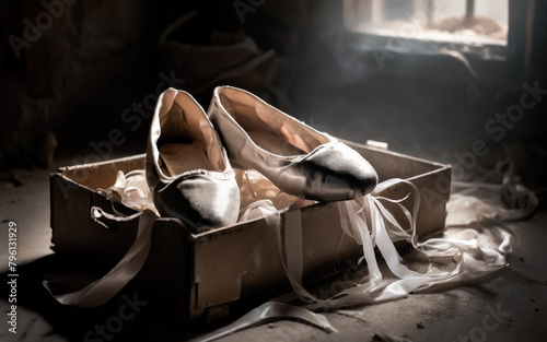 old ballet shoes in a box in the attic, AI generated photo