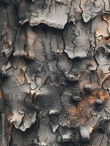 The bark of a tree is covered in holes and has a rough texture. The bark is brown and has a weathered appearance
