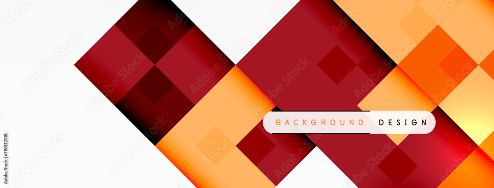 A geometric background featuring red, yellow, and orange squares with a white border. The design includes rectangles, triangles, tints, shades, and an artful pattern in electric blue and magenta