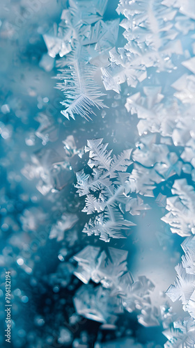 The image is of snowflakes, with a blue background. The snowflakes are frozen and have a very intricate and delicate appearance. Concept of beauty and wonder, as well as the fleeting nature of snow © tracy