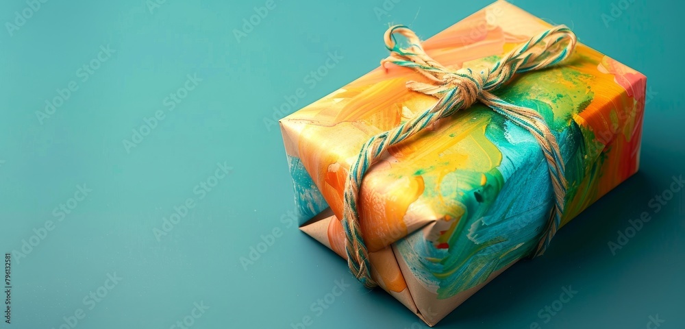 Vibrant multicoloured gift with twine on a teal background.