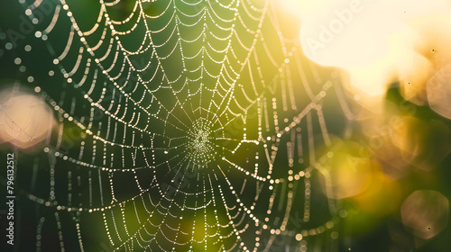 A spider web is shown in a close up, with the sun shining through the web. The web is covered in dew, giving it a shiny and almost ethereal appearance
