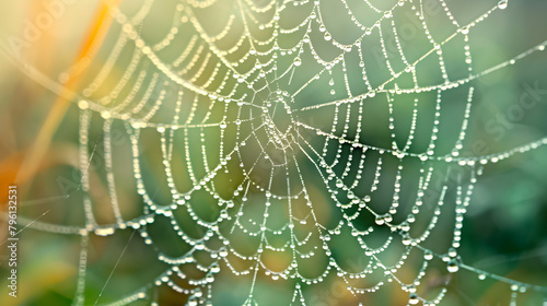 A spider web is covered in water droplets, creating a beautiful and serene scene. The web is intricate and delicate, with each strand of water droplets reflecting the light in a unique way