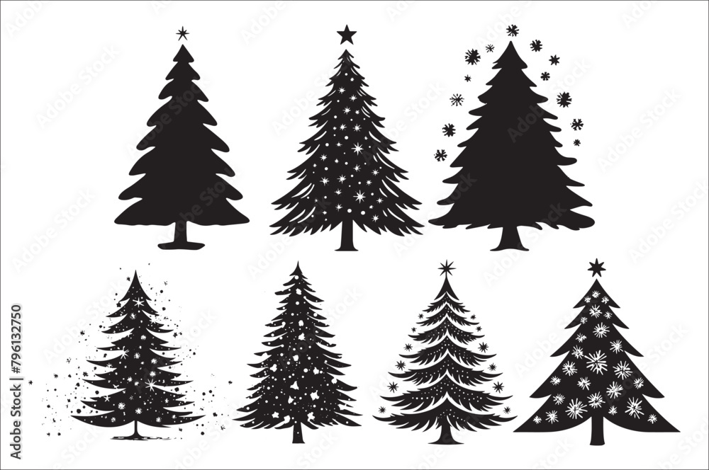 Obraz premium A black and white silhouettes of christmas trees with a decoration.