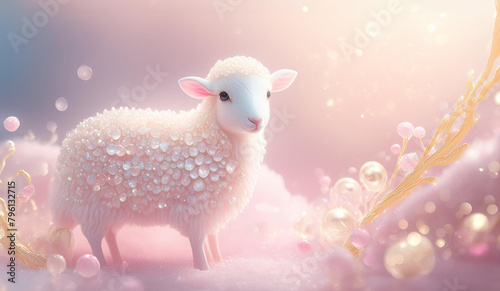 パステルカラーのファンタジーな雰囲気のある キラキラ輝きを纏う可愛い羊