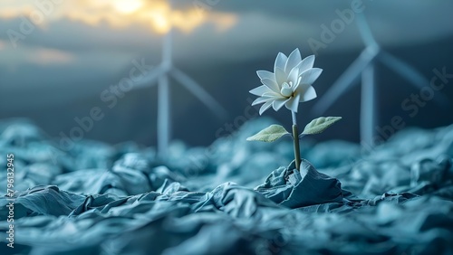 Sapling thriving near wind turbines symbolizes synergy between reforestation and renewable energy. Concept Environmental Conservation, Reforestation Initiatives, Renewable Energy photo