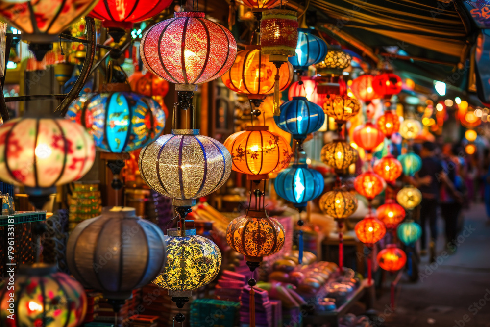 Night market in Asia, filled with colorful stalls and lanterns, Chinese new year
