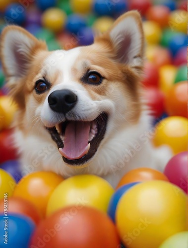 a happy golden retriever sitting in a ball pit, happy puppy, good dog