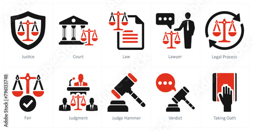 A set of 10 justice icons as justice, court, law
