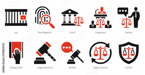 A set of 10 justice icons as jail, investigation, court