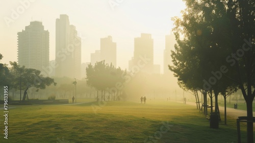 A city park obscured by haze and smog, diminishing the quality of outdoor recreation photo