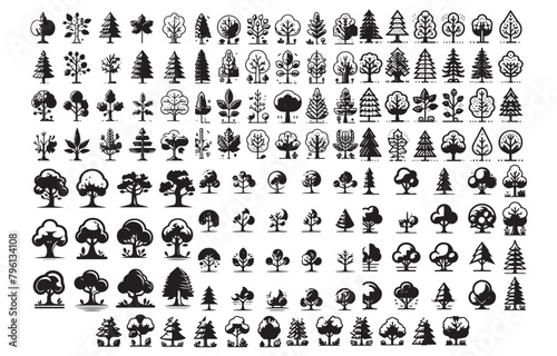 set of collection tree vector icon. silhouette tree drawing set, Side view, set of graphics trees elements outline symbol. silhouette tree drawing icon set.