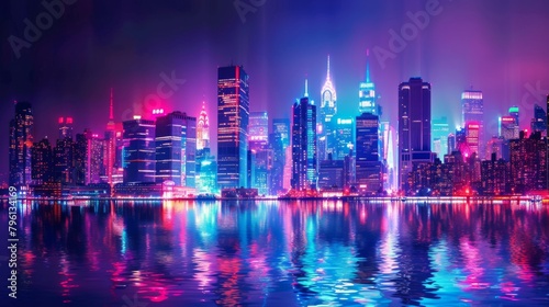 A city skyline ablaze with dazzling lights, with towering skyscrapers adorned in colorful illumination, showcasing the vibrant energy of urban nightlife.