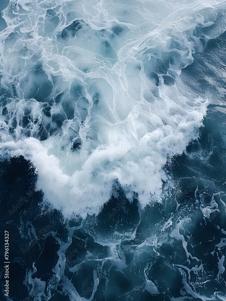 The image is of a large wave crashing into the ocean. The water is a deep blue color, and the wave is very large, almost reaching the horizon. Scene is powerful and awe-inspiring The image is of a large wave crashing into the ocean. The water is a deep blue color, and the wave is very large, almost reaching the horizon. Scene is powerful and awe-inspiring