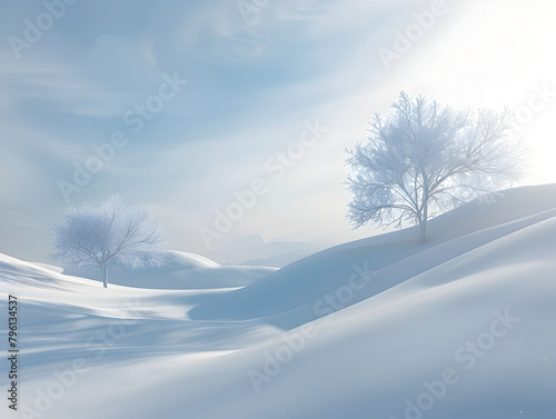 A snowy landscape with two trees in the foreground. The sky is clear and the sun is shining brightly © tracy