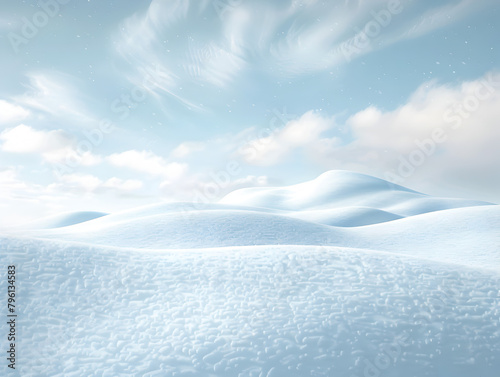 A snowy field with a blue sky in the background. The sky is filled with clouds, and the snow is covering the ground. The scene is peaceful and serene © tracy