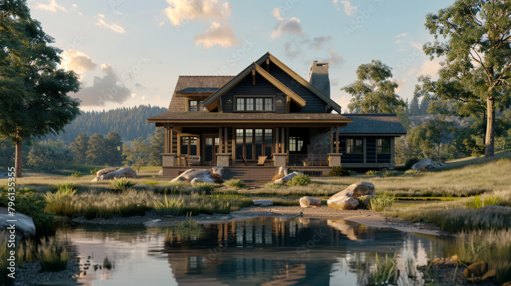 A craftsman-style home stands proudly amidst a tranquil landscape, its rustic beauty and inviting porch beckoning visitors to embrace the serenity of their surroundings