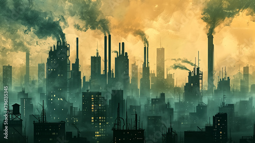 Stark cityscape illustration highlighting the environmental impact of industrial pollution with smokestacks against a hazy sky. 