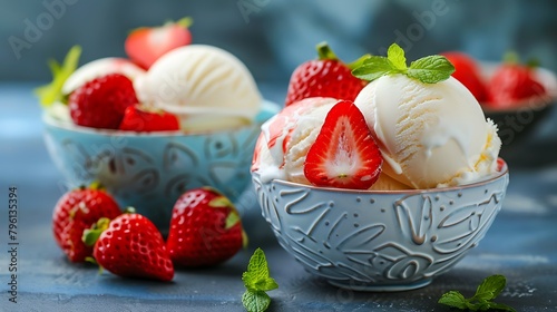 Bowls with strawberry and vanilla ice cream