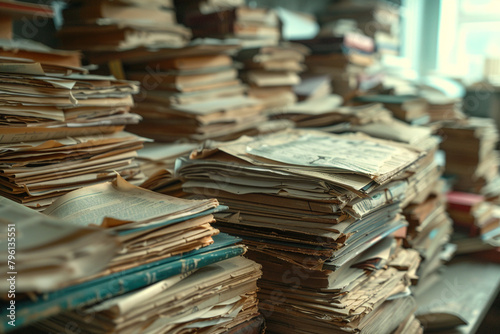 Old archive room filled with documents and books close-up on the texture of paper and history