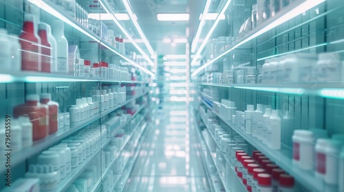 Modern bright and clean pharmacy store, display medicine and medical equipment on shelves, AI generated for Ai © AUNTYANN