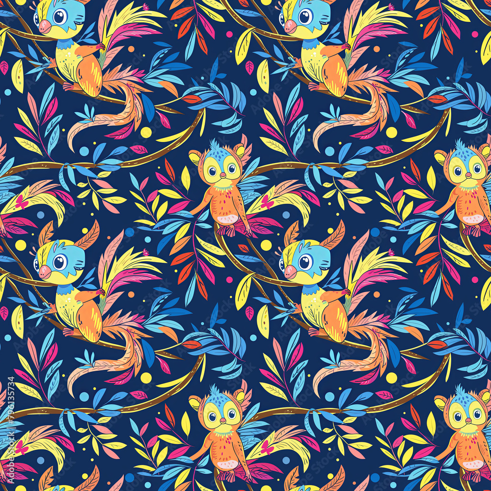 Colorful seamless pattern with cute cartoon animals and tropical leaves on a dark blue background.