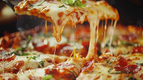 A close-up of a cheesy slice of pizza being lifted from a hot, bubbling pie