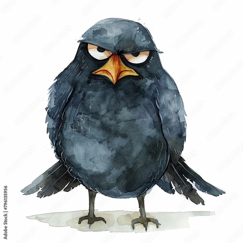 Naklejka premium Cute grumpy fluffy bird watercolor isolated on white background