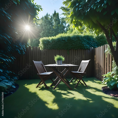 a backyard scene with a table and chairs arranged by a wooden fence. The illustration should evoke a sense of tranquility and relaxation, with lush greenery and sunlight filtering through the foliage.