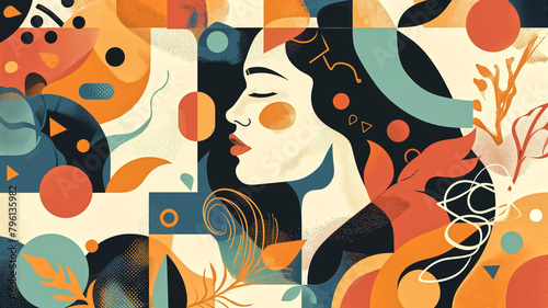A modern abstract portrait of a woman, harmoniously blended with geometric shapes and a warm, muted color palette.
