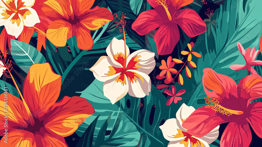 Vibrant tropical floral pattern featuring hibiscus and orchids with lush green foliage, perfect for a summery theme.
Vibrant tropical floral pattern featuring hibiscus and orchids with lush green foliage, perfect for a summery theme.