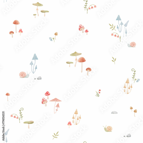 Cute seamless pattern with watercolor hand drawn abstract forest mushrooms flowers and snails. Kids wallpapers. Nice mushroom pattern.