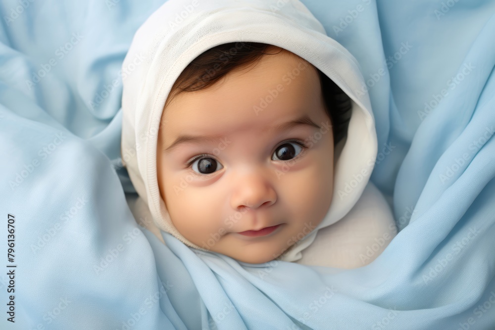 Newborn baby boy with olive skin gazes into the camera with wide eyes, nestled on a soothing pastel blue backdrop, reminiscent of a clear sky Newborn baby boy with olive skin gazes into the camera with wide eyes, nestled on a soothing pastel blue backdrop, reminiscent of a clear sky