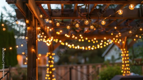 A close-up of decorative string lights draped across a pergola, creating a charming and inviting atmosphere for al fresco dining and entertaining.