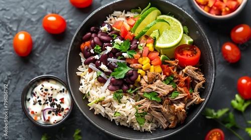Breakfast burrito bowl with pork carnitas tomato beans and rice gray background