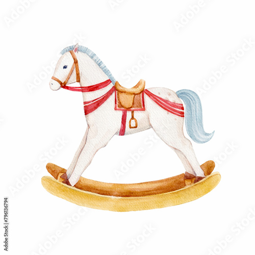 Beautiful watercolor hand drawn illustration with cute rocking horse toy. Children toy horse clip art.