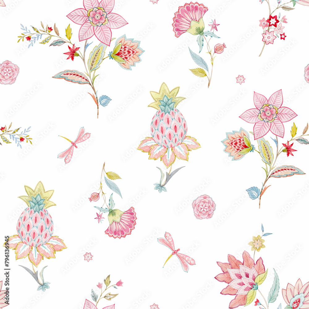 Obraz premium Beautiful traditional seamless pattern. Digital trending texture illustration and flowers for background design beautiful textured effects floral art textile print stock illustration.