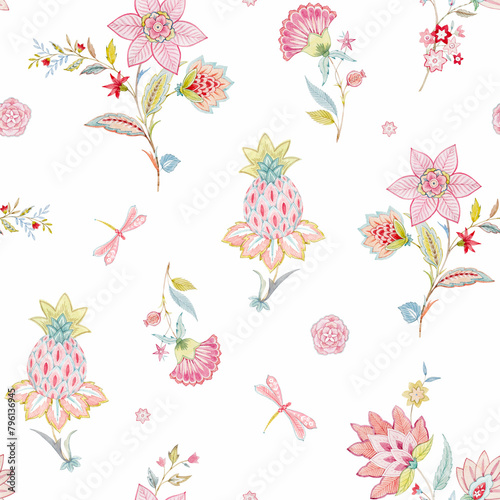Beautiful traditional seamless pattern. Digital trending texture illustration and flowers for background design beautiful textured effects floral art textile print stock illustration.