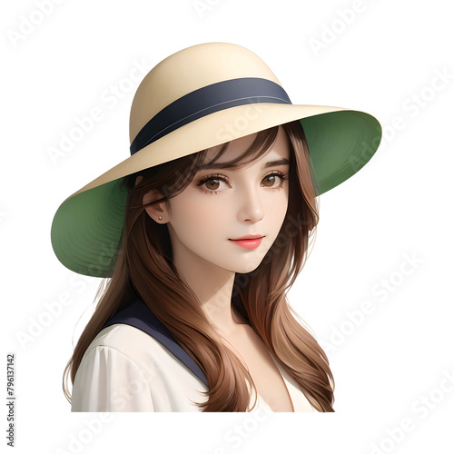 Portrait photo of a pretty girl in a beige big hat. Cut out.