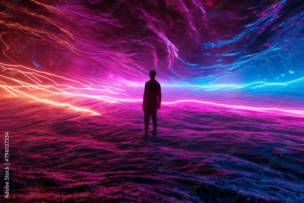 Fototapeta premium Web background, Web integration online database in desert sand figure over dark neon background, Ai generated
